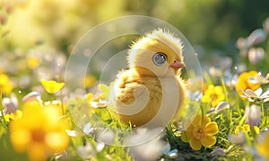 Yellow newborn chick on spring field or garden. Cute chicken on summer meadow with flowers