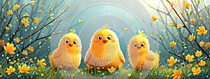 Yellow newborn chick on spring field or garden. Cute chicken on summer meadow with flowers