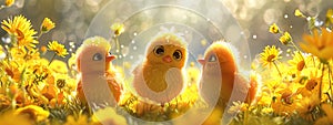 Yellow newborn chick on spring field or garden. Cute chicken on summer meadow with flowers