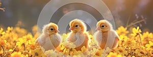 Yellow newborn chick on spring field or garden. Cute chicken on summer meadow with flowers