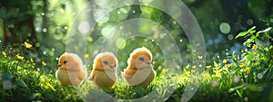 Yellow newborn chick on spring field or garden. Cute chicken on summer meadow with flowers