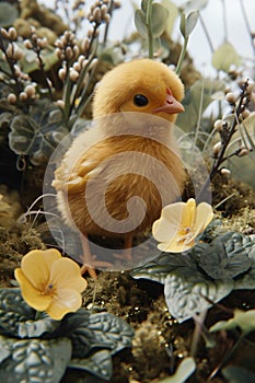 Yellow newborn chick on spring field or garden. Cute chicken on summer meadow with flowers