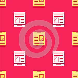 Yellow Newspaper advertisement displaying obituaries icon isolated seamless pattern on red background. Vector