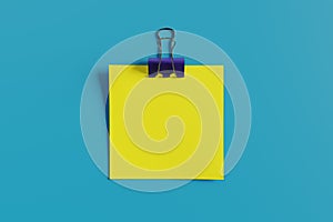 Yellow note in a notepad on a blue background. 3d photo