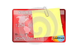 Yellow Note Paper with Blank Space for Your Design over Bank Credit Card. 3d Rendering