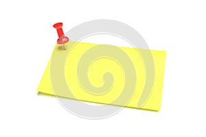 Yellow note and Red pushpin isolated on white background