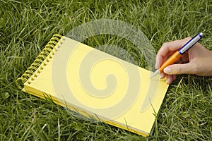 Yellow notebook in grass