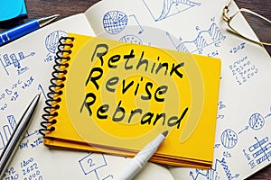 Yellow notepad with words rethink, revise and rebrand.