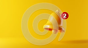 Yellow notification message bell on yellow background. 3D render.