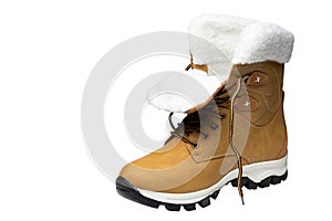 Yellow nubuck boot, on a white background, shoes unlaced, concept, isolate