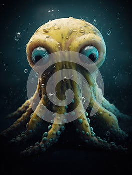 a yellow octopus with blue eyes and a black background is featured in a digital painting by artist and photographer marke photo