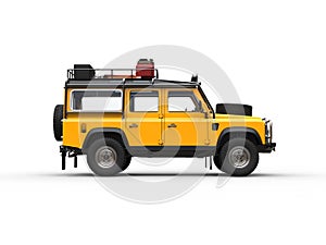 Yellow off road vehicle with all equipment - side view