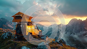 A yellow off-road vehicle with rooftop tent parked on cliff overlooking majestic mountain scenery at sunset. Adventure camping in