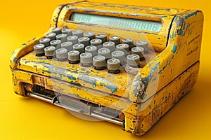 Yellow office equipment, a vintage typewriter, rests on a yellow table