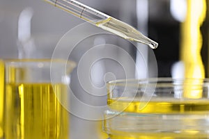 Yellow oil drips from a dispenser into test tube in laboratory