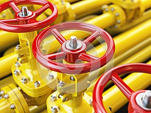 Yellow oil or gas pipe line valves. 3d