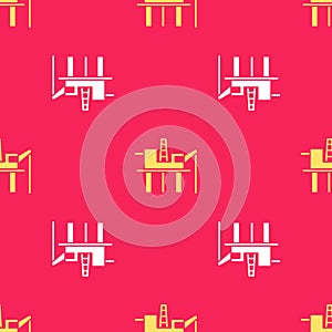 Yellow Oil platform in the sea icon isolated seamless pattern on red background. Drilling rig at sea. Oil platform, gas