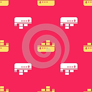 Yellow Oil tanker ship icon isolated seamless pattern on red background. Vector Illustration