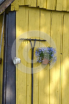 Yellow old barn wall with rake and flower vase