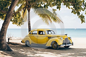 Yellow old car parked on a tropical beach