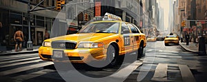 Yellow old taxi in dark city