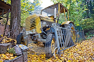 Yellow old tractor front view