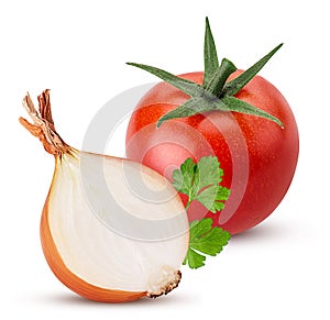 Yellow onion cut in half, red tomato, green parsley