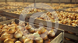 Yellow onions harvested in wooden boxes in a warehouse.