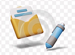 Yellow open envelope with sheet, ballpoint pen. Isolated objects in realistic style