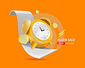 Yellow-orange alarm clock alerting flash sale promotion limited time promotion and gold coins or money coins floating around and