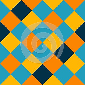 Yellow Orange Blue Black Large Diagonal Seamless French Checkered Pattern. Big Inclined Colorful Fabric Check Pattern Background.