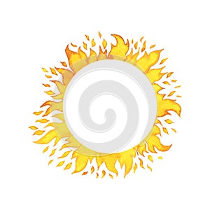 Yellow and orange bright Sun rays frame watercolour illustration hand drawn isolated on white. Watercolor splash solar