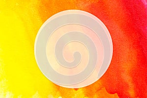 Yellow orange circle abstract watercolor splashing background business card with space for text , hand painted on paper