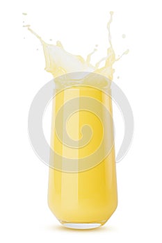 Yellow orange cold juice in glass bright splashes, drops flying, swirl isolated on white background. Refreshing healthy summer