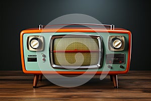 Yellow Orange color old vintage retro Television on wood table with mint blue background