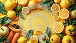 Yellow orange fruits vegetables arranged textured yellow background, highlighting freshness variety healthy foods