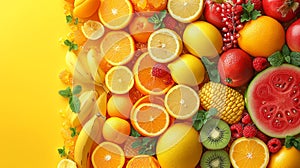 Yellow orange fruits vegetables arranged textured yellow background, highlighting freshness variety healthy foods