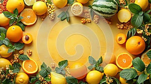 Yellow orange fruits vegetables arranged textured yellow background, highlighting freshness variety healthy foods