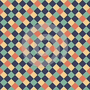 Yellow Orange Green Black Seamless Diagonal French Checkered Pattern. Inclined Colorful Fabric Check Pattern Background. 45