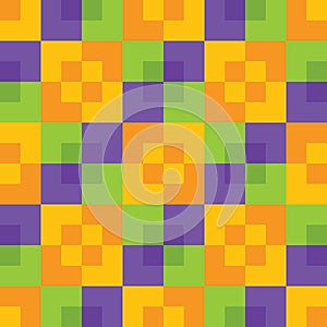 Yellow orange green and purple bright colorful Halloween colors square checker seamless pattern. geometric abstract background.