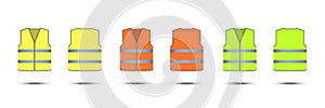 Yellow, orange and green safety vests with reflective strips isolated on white background. Vector work uniform, front