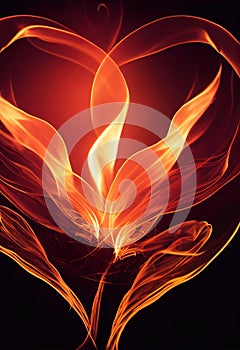 Yellow and orange heart shape fire flames against a black background.