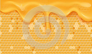 Yellow orange honeycomb background. Beehive with hexagon grid cells and flowing sweet honey drops