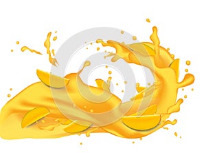 Yellow orange juice 3d illustration with slices of mango, peach, apricot, nectarine, apple. Pouring flowing wave splash for