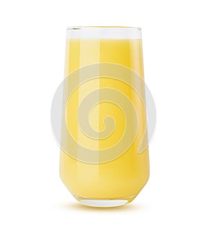 Yellow orange juice in glass isolated on white background. Fresh summer healthy citrus beverage for advertise, poster, card,