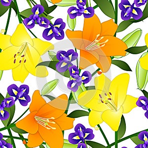 Yellow, Orange Lily and Blue Iris Flower on White Background. Vector Illustration