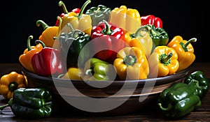 Yellow, orange, red and green peppers. AI generated