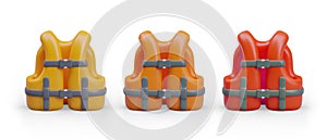 Yellow, orange, red inflatable life jackets. Personal flotation device, PFD