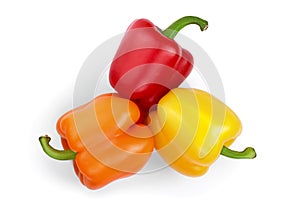 Yellow orange and red sweet bell pepper isolated on white backgro. Top view. Flat lay