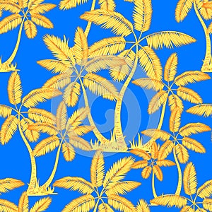 Yellow orange Seamless tropical palms pattern. Summer endless hand drawn vector blue background of palm trees can be used for